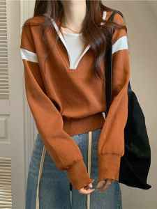 เสื้อสเวตเตอร์คอวีแขนยาวสีส้มสตั๊ดสำหรับผู้หญิง ฤดูใบไม้ผลิและฤดูใบไม้ร่วง เสื้อยืดลายสานสำหรับใส่ด้านใน เสื้อเชิ้ตสีส้มสตั๊ด ชุดทำงาน