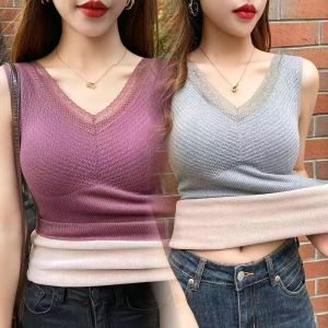Thickened Fleece Warm Top Womens Lace Strap Vest with Chest Pad Inner Wear Slim Fit Base Shirt Winter Season Fashion