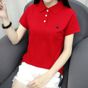 Large Red POLO Shirt for Women with Short Sleeves and Collar Solid Cotton Summer Sports T-Shirt with Animal and Geometric Patterns