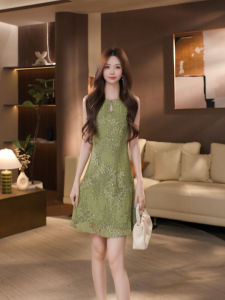 DENGLIULIU | New Chinese Style Vintage Embroidery Floral Green Waist-Shaping Maxi Dress