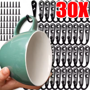 30pcs Stainless Steel Hook Holder / Double-holes Metal Mug Hook with Screws / Wall Mounted Heavy Duty Metal Hook / Mug Cup Utensils Holder Kitchen Hook for Bathroom Kitchen
