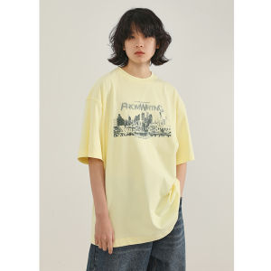 Fromwring Heavyweight Cotton Graffiti Architecture Silhouette Print Half Sleeve T-Shirt Youth Trendy Summer Casual Loose Fit