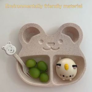 Baby Cutlery Baby 3Pcs/Set Plate+Spoon+Fork Kids Food Tableware Wheat Straw Cartoon Cute Bear Storage For Baby Children