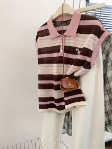 Áo Thun Tay Ngắn Dệt Kim Kẻ Sọc Mùa Hè Cho Nữ Vai Áo Cổ Polo Tay Lỡ Chất Liệu Lụa Băng Dáng Rộng Thường Ngày