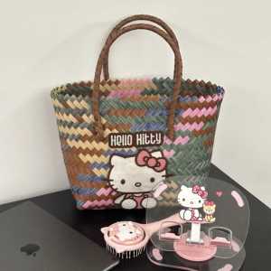 Hellokitty Woven Bag Lunch Box Handbag Small Tote Bag Work Accessories Bag Artistic Style Hard Handle Daily Use Big Size