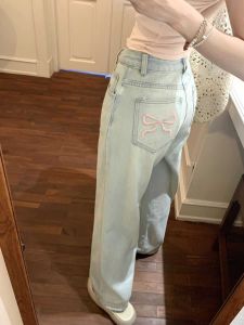 Embroider Washed Worn Jeans Womens Autumn High Waist Light Blue Loose Pants Small Loose Straight Mopping Pants