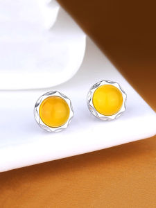 S925 Sterling Silver Earring Posts for Women with Embedded Turquoise And Honey Amber Fashionable Ethnic Style Jewelry Accessories