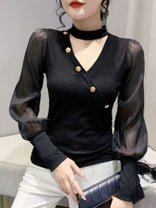 Elegant Hollow out V-Neck Long Sleeve T-Shirt Mesh Splice Bubble Sleeve Base Shirt for Autumn Fashion Commute Style Cotton Blend