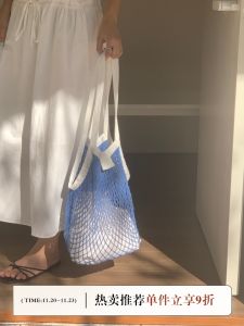 Blue Vacation Style Mesh Bag Womens Beach Unique Hollow Knitted Handbag Casual Single Shoulder Bag Open Structure Pure Color