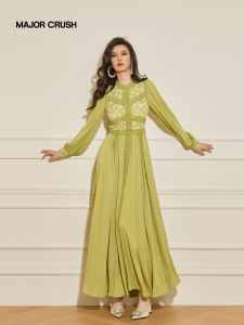 Spring Summer New Green Lace Stitch Long Dress Slimming Waist