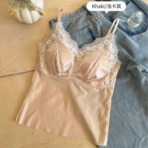 Spring 2025 New Style Lace Splicing Satin One-Piece Cup Slimming Backless French Seamless Quality Womens Vest Strap