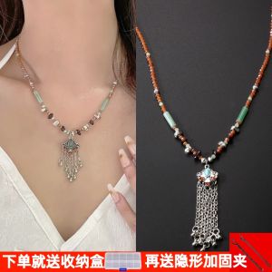 Handmade Chinese Retro Ceramic Butterfly Necklace Womens Ethnic Style National Trend Ancient Fashion Collarbone Chain Drawstring