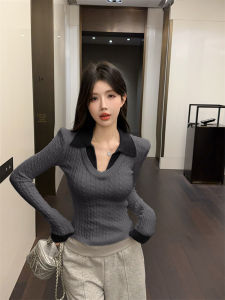 เสื้อสเวตเตอร์คอโปโลถักสำหรับผู้หญิง เสื้อชั้นในลายโบว์สำหรับใส่ในฤดูใบไม้ร่วงและฤดูหนาว สไตล์วิทยาลัย Pure Want V-neck แขนยาว