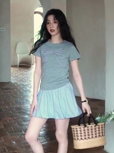 seemon | Áo Thun Nữ Cotton Ôm Body Màu Xám Họa Tiết Nơ
