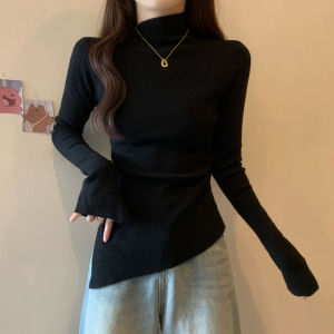 Half Turtleneck Asymmetrical Hem Flare Sleeve Tops Women Fall plus Size Plus Size Ladies Chic Elegant Slimming Underwear Sweater