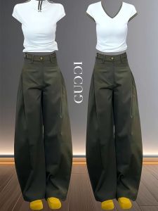 Casual Military Green Wide Leg Workwear Pants Womens High Waist Slim Straight Trousers Autumn New Style Elegant Female Jeans