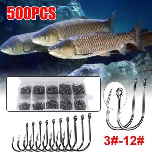 500Pcs Bộ Lưỡi Câu Cá với hộp xách tay No.3-12 thép carbon cao Sharp lưỡi câu thép gai Kit câu cá bằng ruồi nhân tạo móc vòng tròn Duy nhất giải quyết cho Carp crucian