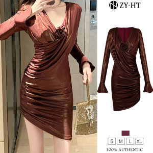ZYHT EraVogue Women's Red Long Sleeve V-neck Mesh Dresses Vintage Event Party French Dress 40303