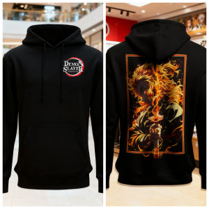 Demon Slayer Anime Cotton Hoodie Black Color Character Print with Flame Hair Sword Back Design and Chest Logo Casual Streetwear