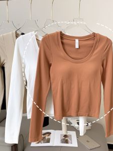 Ladies Advanced Yoga Fitness Clothes Pumpkin Color Fixed Cup Chest Pad Long Sleeve U-Neck Sports Top Slimming Tight Fit
