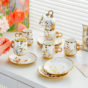 Luxury European Style Gold-Plated Ceramic Coffee Cup and Saucer Set 6 Cups 6 Saucers