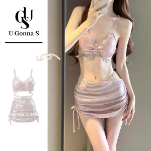 ชุดว่ายน้ำบิกินี่ชุดสวมใส่ชายหาดผู้หญิงเซ็กซี่ดัน3ชิ้น2024สไตล์ใหม่พร้อมปกปิดเอวสูงแขนกุดคอวีแฟชั่นน่ารักประกายระยิบระยับ