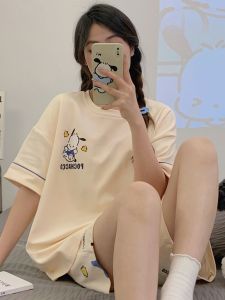 Middle School Girls Summer Thin Short Sleeve Sleepwear Pajamas Set Cartoon Pachat Dog Print round Neck Short Pants Home Leisure
