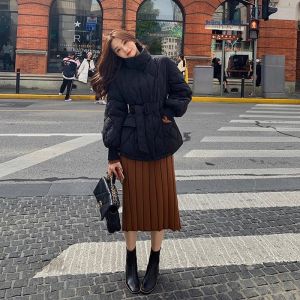 WANGGONGZHU | Womens Lightweight Down Cotton Jacket Stand Collar Waist-Cinching Winter Coat Korean Style Fashionable Thin Outerwear