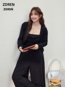 ZHANGDAREN | Bộ Áo Tank Đen Voan Ruffle Kiểu Pháp và Quần Dài Phong Cách Thường Cho Người Mập