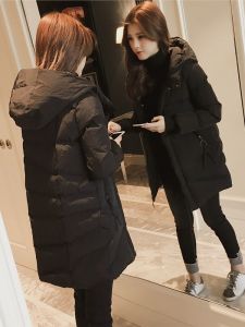 Black Puffer Jacket Women Winter Mid-Length Cotton Coat New Fashion Thickened Bread Style Lightweight Hooded Outerwear