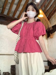 French Style Sweet Short Sleeve Waist-Cinching Shirt Womens Small Size Bubble Sleeve Pinkish Red Top for Young Women