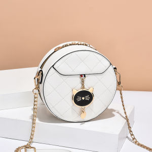 Trendy Small round Chain Bag for Women Versatile Crossbody Shoulder Bag Soft PU Leather Zipper Closure Casual Style Medium Size