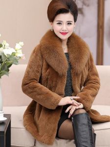 Winter Fur Outwear Female Mid Length Long Length Fashion Middle-Aged and Elderly Big Fur Collar Plus Size Ladieswear Mink-like Wool Haining Big Sale