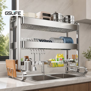 GSlife Stainless Steel Over Sink Dish Rack Adjustable Dish Rack Organizer Cabinet Plates Organizer Storage