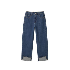 Peacebird Womens High Waist Straight Leg Jeans Spring 2024 A3HAE1378-343554 Flip Cuff Long Pants Regular Thickness