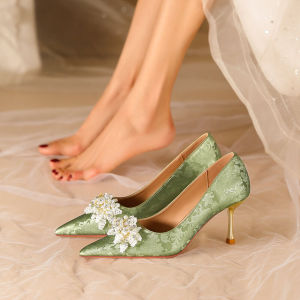 Elegant Green High Heels Chinese Cheongsam National Style Wedding Shoes Womens Fashionable Footwear for Banquet Occasions