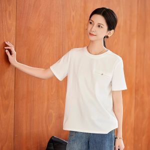 WANGGONGZHU | Silk Satin Short Sleeve T-Shirt Women Summer New Round Neck Loose Versatile Shoulder Design Sensation Small Audience Commute Style
