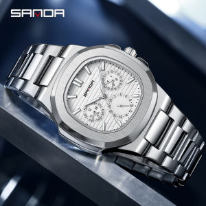 SANDA 7053 Mens Quartz Watch Stainless Steel Square Waterproof Three Eye Six Needle Chronograph Night Light Mens Quartz Watch