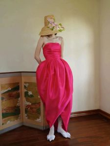 Bright Pink Lantern Skirt Dress Womens Sleeveless Gown with Sling Strap Spring 2023 Collection Other Material 100%