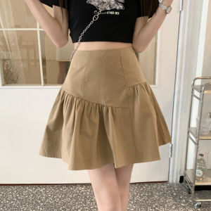 Asymmetrical Khaki Skirt Female Summer New High Waist Slim Looking A- line Skirt Small Chiffon Fluffy Umbrella Skirt