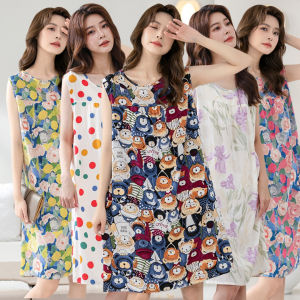 Summer New Loose Cotton Silk Vest Young Mom Nightgown Short Sleeve Plant Floral Print Home Leisure Wear round Neck Sleep Dress