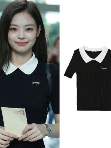 Áo Thun Dệt Kim Cổ Polo Thêu Tay Ngắn Màu Đen Jennie Blackpink Áo Thun Nữ Chất Liệu Viscose Phong Cách Công Sở Mùa Hè 2023