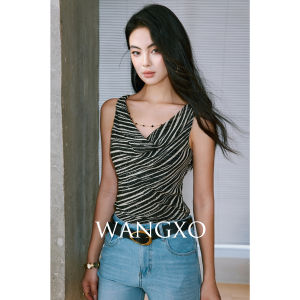 WANGXO | Áo Thun Ôm Dáng Có Dây Kéo Kim Loại Chéo Cổ MESH Co Dãn