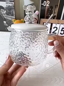 Cốc thủy tinh nắp gấu Ly thuỷ tinh đẹp lạ 500mL Ly kèm thìa kim loại cao cấp Không chì an toàn cho sức khỏe