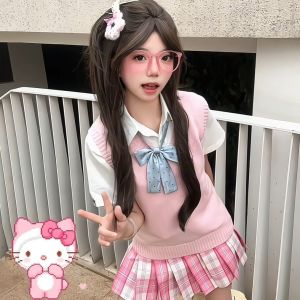 Japanese Style College Preppy Layered Jk Knitted Vest Sleeveless V-Neck Sweater Spring Autumn Small Size Womens Top