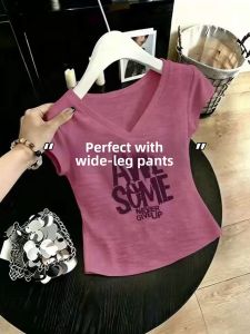 V.C.I | Letter Print V-neck Short Sleeve Stylish Slimming Cotton T-shirt