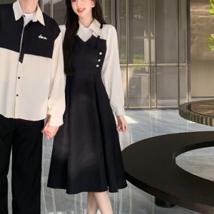 Couples Matching Spring Autumn French Patchwork Womens Dress Mens Long Sleeve Shirt College Class Uniform Long Sleeve Dresses