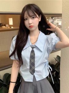 Blue Short Waist-Cinching Shirt Womens Summer Design Bubble Sleeve Shirt College Style Fashion Polka Dot Shirt Girls Top