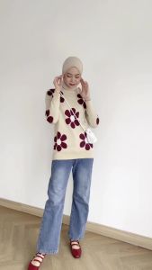 Emilsya Blouse Mayoutfit | Atasan Sweater Rajut Motif Bunga