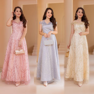 Luxury Glitter Maxi Dress ชุดออกงาน ชุดราตรียาว แม็กซี่เดรสยาวเปิดไหล่ เนื้อผ้าติดกากเพชรและเลื่อมลายสวย ลุคสวยหรูหรา ทรงสวยมี size M-4XL